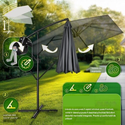 Umbrela patrata cu LED pentru gradina si terasa, Tillvex®, Ø 330 cm, inclinabila, protectie UV 50+, husa protectie, rotativa la 360°, cu manivela, antracit