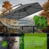 Umbrela de soare dreptunghiulara pentru gradina si terasa, Tillvex®, Ø 330 cm, inclinabila, protectie UV 50+, husa protectie, rotativa la 360°, cu manivela, antracit