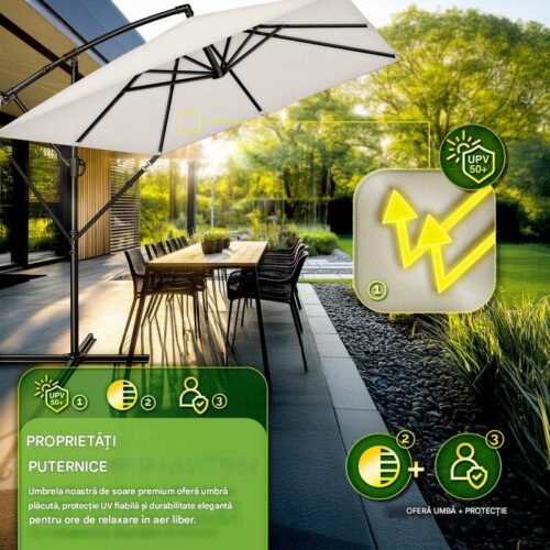 Umbrela de soare patrata, pentru gradina si terasa, Tillvex®, Ø 330 cm, inclinabila, protectie UV 50+, husa protectie, rotativa la 360°, cu manivela, crem