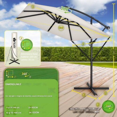 Umbrela de soare patrata, pentru gradina si terasa, Tillvex®, Ø 330 cm, inclinabila, protectie UV 50+, husa protectie, rotativa la 360°, cu manivela, crem