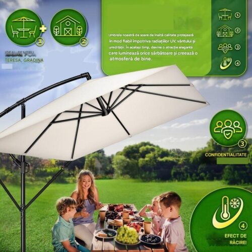 Umbrela de soare patrata, pentru gradina si terasa, Tillvex®, Ø 330 cm, inclinabila, protectie UV 50+, husa protectie, rotativa la 360°, cu manivela, crem