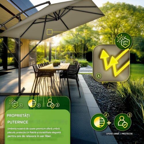Umbrela de soare patrata, pentru gradina si terasa, Tillvex®, Ø 330 cm, inclinabila, protectie UV 50+, husa protectie, rotativa la 360°, cu manivela, maro
