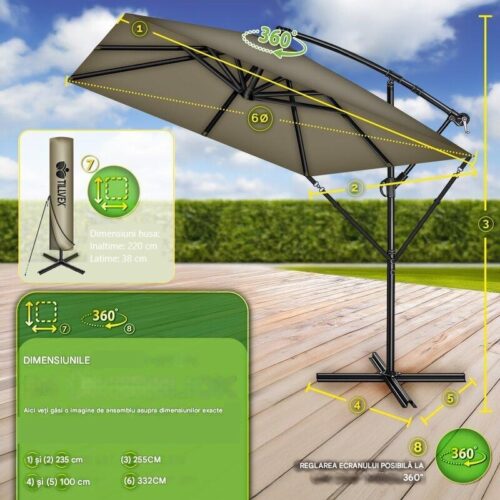 Umbrela de soare patrata, pentru gradina si terasa, Tillvex®, Ø 330 cm, inclinabila, protectie UV 50+, husa protectie, rotativa la 360°, cu manivela, maro
