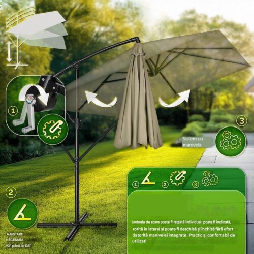 Umbrela de soare patrata, pentru gradina si terasa, Tillvex®, Ø 330 cm, inclinabila, protectie UV 50+, husa protectie, rotativa la 360°, cu manivela, maro