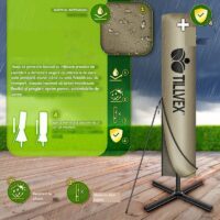 Umbrela patrata cu LED pentru gradina si terasa, Tillvex®, Ø 330 cm, inclinabila, protectie UV 50+, husa protectie, rotativa la 360°, cu manivela, maro