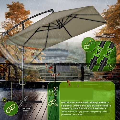Umbrela de soare patrata, pentru gradina si terasa, Tillvex®, Ø 330 cm, inclinabila, protectie UV 50+, husa protectie, rotativa la 360°, cu manivela, maro