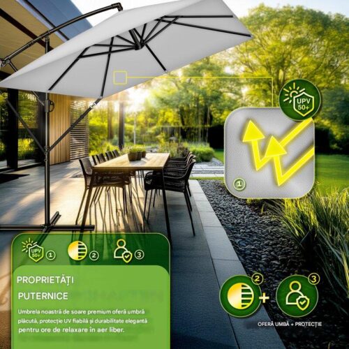 Umbrela de soare patrata, pentru gradina si terasa, Tillvex®, Ø 330 cm, inclinabila, protectie UV 50+, husa protectie, rotativa la 360°, cu manivela, gri