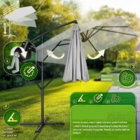 Umbrela patrata cu LED pentru gradina si terasa, Tillvex®, Ø 330 cm, inclinabila, protectie UV 50+, husa protectie, rotativa la 360°, cu manivela, gri