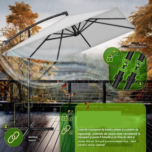 Umbrela de soare patrata, pentru gradina si terasa, Tillvex®, Ø 330 cm, inclinabila, protectie UV 50+, husa protectie, rotativa la 360°, cu manivela, gri
