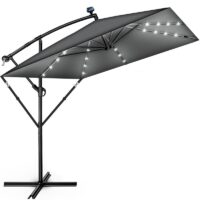 Umbrela patrata cu LED pentru gradina si terasa, Tillvex®, Ø 330 cm, inclinabila, protectie UV 50+, husa protectie, rotativa la 360°, cu manivela, antracit