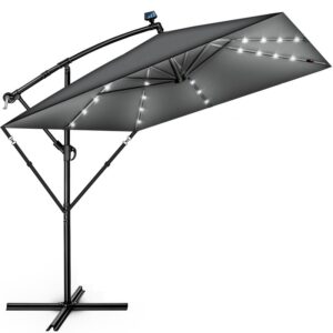 Umbrela patrata cu LED pentru gradina si terasa, Tillvex®, Ø 330 cm, inclinabila, protectie UV 50+, husa protectie, rotativa la 360°, cu manivela, antracit