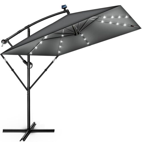 Umbrela patrata cu LED pentru gradina si terasa, Tillvex®, Ø 330 cm, inclinabila, protectie UV 50+, husa protectie, rotativa la 360°, cu manivela, antracit