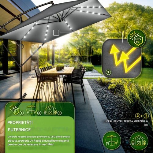 Umbrela patrata cu LED pentru gradina si terasa, Tillvex®, Ø 330 cm, inclinabila, protectie UV 50+, husa protectie, rotativa la 360°, cu manivela, antracit