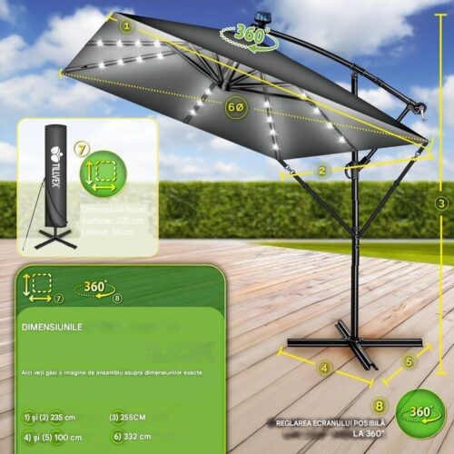 Umbrela patrata cu LED pentru gradina si terasa, Tillvex®, Ø 330 cm, inclinabila, protectie UV 50+, husa protectie, rotativa la 360°, cu manivela, antracit