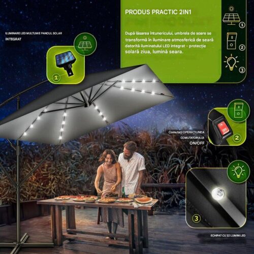 Umbrela patrata cu LED pentru gradina si terasa, Tillvex®, Ø 330 cm, inclinabila, protectie UV 50+, husa protectie, rotativa la 360°, cu manivela, antracit