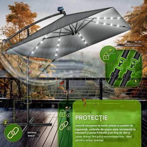 Umbrela patrata cu LED pentru gradina si terasa, Tillvex®, Ø 330 cm, inclinabila, protectie UV 50+, husa protectie, rotativa la 360°, cu manivela, antracit