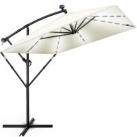 Umbrela patrata cu LED pentru gradina si terasa, Tillvex®, Ø 330 cm, inclinabila, protectie UV 50+, husa protectie, rotativa la 360°, cu manivela, crem