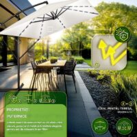 Umbrela patrata cu LED pentru gradina si terasa, Tillvex®, Ø 330 cm, inclinabila, protectie UV 50+, husa protectie, rotativa la 360°, cu manivela, crem