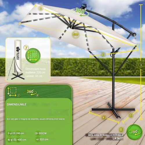 Umbrela patrata cu LED pentru gradina si terasa, Tillvex®, Ø 330 cm, inclinabila, protectie UV 50+, husa protectie, rotativa la 360°, cu manivela, crem