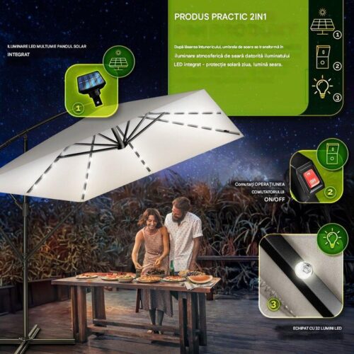 Umbrela patrata cu LED pentru gradina si terasa, Tillvex®, Ø 330 cm, inclinabila, protectie UV 50+, husa protectie, rotativa la 360°, cu manivela, crem