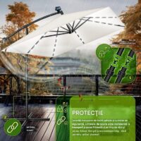Umbrela patrata cu LED pentru gradina si terasa, Tillvex®, Ø 330 cm, inclinabila, protectie UV 50+, husa protectie, rotativa la 360°, cu manivela, crem