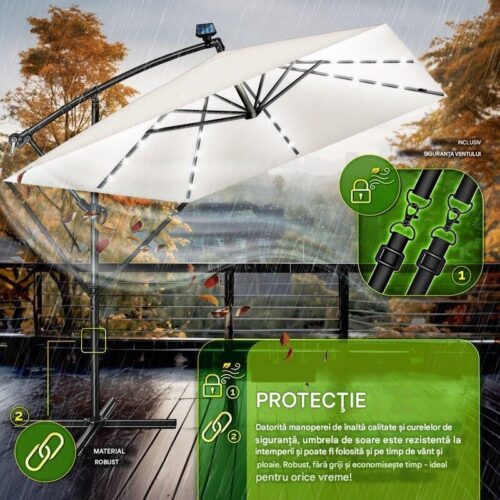 Umbrela patrata cu LED pentru gradina si terasa, Tillvex®, Ø 330 cm, inclinabila, protectie UV 50+, husa protectie, rotativa la 360°, cu manivela, crem