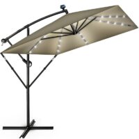 Umbrela patrata cu LED pentru gradina si terasa, Tillvex®, Ø 330 cm, inclinabila, protectie UV 50+, husa protectie, rotativa la 360°, cu manivela, maro