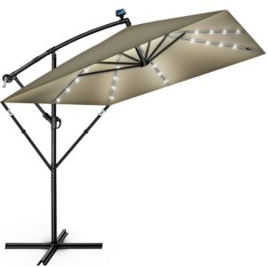 Umbrela patrata cu LED pentru gradina si terasa, Tillvex®, Ø 330 cm, inclinabila, protectie UV 50+, husa protectie, rotativa la 360°, cu manivela, maro