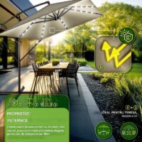 Umbrela patrata cu LED pentru gradina si terasa, Tillvex®, Ø 330 cm, inclinabila, protectie UV 50+, husa protectie, rotativa la 360°, cu manivela, maro