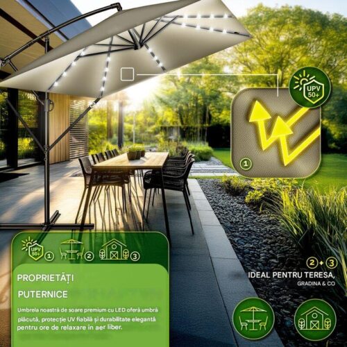 Umbrela patrata cu LED pentru gradina si terasa, Tillvex®, Ø 330 cm, inclinabila, protectie UV 50+, husa protectie, rotativa la 360°, cu manivela, maro