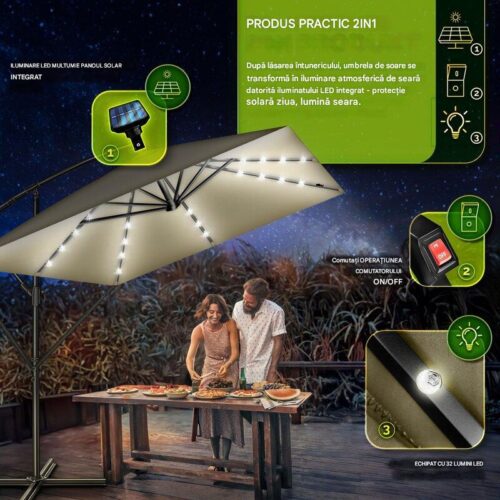 Umbrela patrata cu LED pentru gradina si terasa, Tillvex®, Ø 330 cm, inclinabila, protectie UV 50+, husa protectie, rotativa la 360°, cu manivela, maro