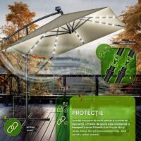 Umbrela patrata cu LED pentru gradina si terasa, Tillvex®, Ø 330 cm, inclinabila, protectie UV 50+, husa protectie, rotativa la 360°, cu manivela, maro