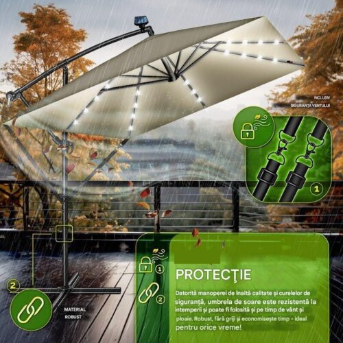 Umbrela patrata cu LED pentru gradina si terasa, Tillvex®, Ø 330 cm, inclinabila, protectie UV 50+, husa protectie, rotativa la 360°, cu manivela, maro