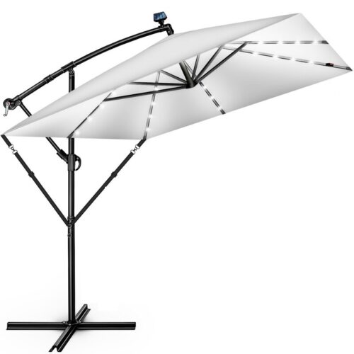 Umbrela patrata cu LED pentru gradina si terasa, Tillvex®, Ø 330 cm, inclinabila, protectie UV 50+, husa protectie, rotativa la 360°, cu manivela, gri