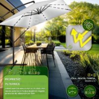 Umbrela patrata cu LED pentru gradina si terasa, Tillvex®, Ø 330 cm, inclinabila, protectie UV 50+, husa protectie, rotativa la 360°, cu manivela, gri