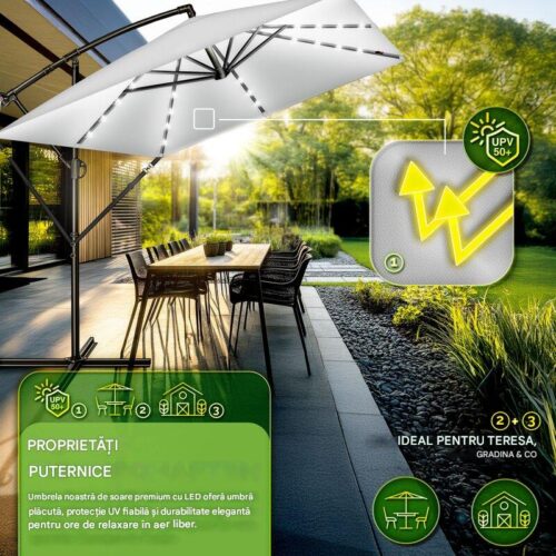 Umbrela patrata cu LED pentru gradina si terasa, Tillvex®, Ø 330 cm, inclinabila, protectie UV 50+, husa protectie, rotativa la 360°, cu manivela, gri