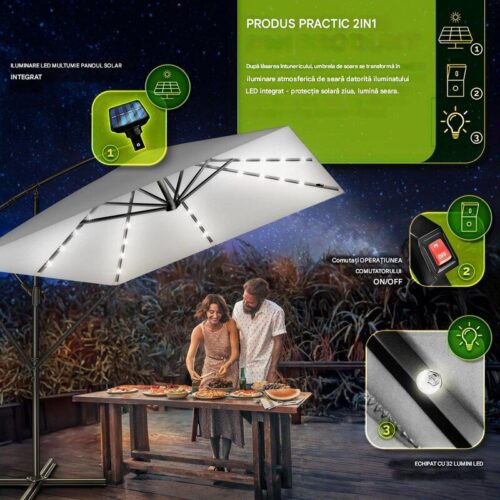 Umbrela patrata cu LED pentru gradina si terasa, Tillvex®, Ø 330 cm, inclinabila, protectie UV 50+, husa protectie, rotativa la 360°, cu manivela, gri