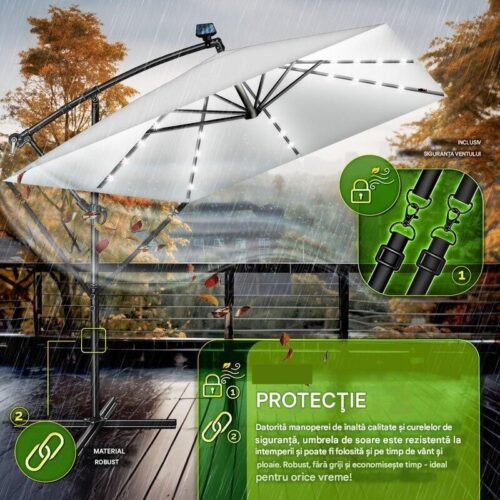 Umbrela patrata cu LED pentru gradina si terasa, Tillvex®, Ø 330 cm, inclinabila, protectie UV 50+, husa protectie, rotativa la 360°, cu manivela, gri