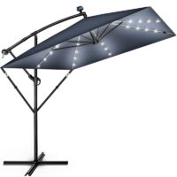 Umbrela patrata cu LED pentru gradina si terasa, Tillvex®, Ø 330 cm, inclinabila, protectie UV 50+, husa protectie, rotativa la 360°, cu manivela, albastru