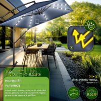 Umbrela patrata cu LED pentru gradina si terasa, Tillvex®, Ø 330 cm, inclinabila, protectie UV 50+, husa protectie, rotativa la 360°, cu manivela, albastru