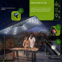 Umbrela patrata cu LED pentru gradina si terasa, Tillvex®, Ø 330 cm, inclinabila, protectie UV 50+, husa protectie, rotativa la 360°, cu manivela, albastru