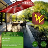 Umbrela patrata cu LED pentru gradina si terasa, Tillvex®, Ø 330 cm, inclinabila, protectie UV 50+, husa protectie, rotativa la 360°, cu manivela, rosu