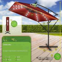 Umbrela patrata cu LED pentru gradina si terasa, Tillvex®, Ø 330 cm, inclinabila, protectie UV 50+, husa protectie, rotativa la 360°, cu manivela, rosu