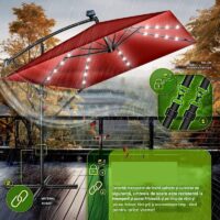Umbrela patrata cu LED pentru gradina si terasa, Tillvex®, Ø 330 cm, inclinabila, protectie UV 50+, husa protectie, rotativa la 360°, cu manivela, rosu