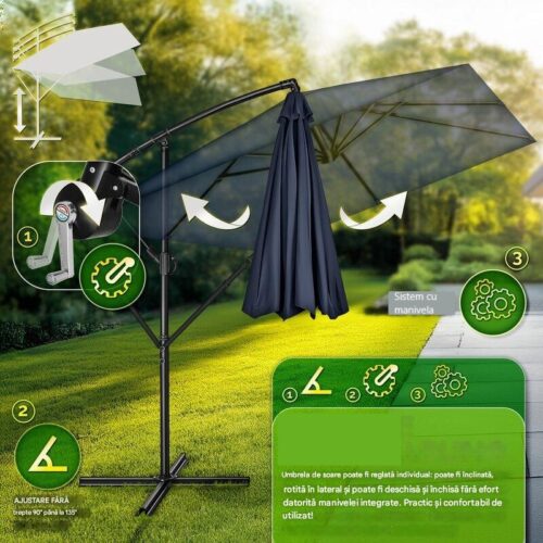 Umbrela patrata cu LED pentru gradina si terasa, Tillvex®, Ø 330 cm, inclinabila, protectie UV 50+, husa protectie, rotativa la 360°, cu manivela, albastru