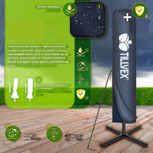 Umbrela patrata cu LED pentru gradina si terasa, Tillvex®, Ø 330 cm, inclinabila, protectie UV 50+, husa protectie, rotativa la 360°, cu manivela, albastru