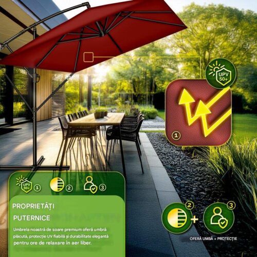 Umbrela de soare patrata, pentru gradina si terasa, Tillvex®, Ø 330 cm, inclinabila, protectie UV 50+, husa protectie, rotativa la 360°, cu manivela, rosu