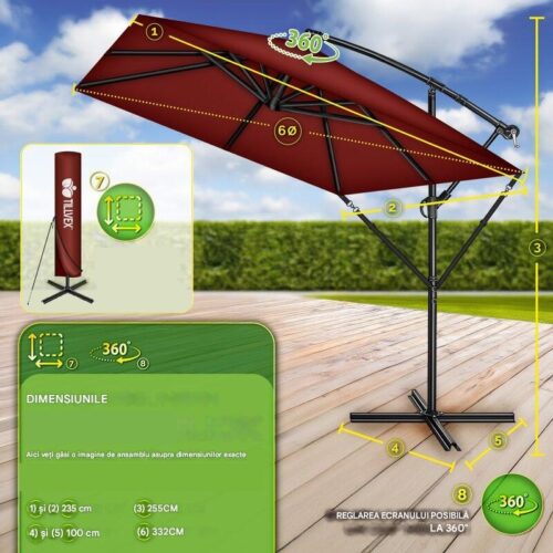 Umbrela de soare patrata, pentru gradina si terasa, Tillvex®, Ø 330 cm, inclinabila, protectie UV 50+, husa protectie, rotativa la 360°, cu manivela, rosu
