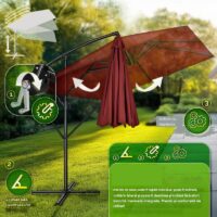 Umbrela patrata cu LED pentru gradina si terasa, Tillvex®, Ø 330 cm, inclinabila, protectie UV 50+, husa protectie, rotativa la 360°, cu manivela, rosu