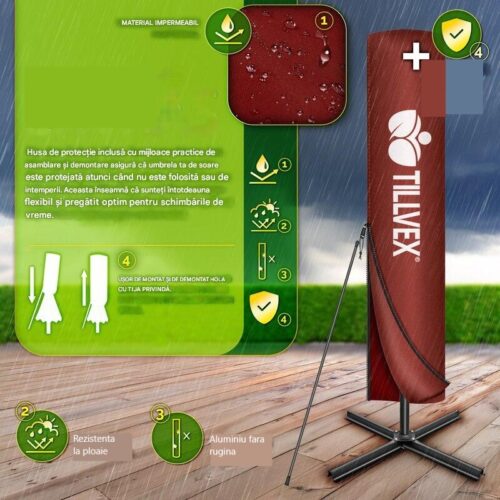 Umbrela de soare patrata, pentru gradina si terasa, Tillvex®, Ø 330 cm, inclinabila, protectie UV 50+, husa protectie, rotativa la 360°, cu manivela, rosu